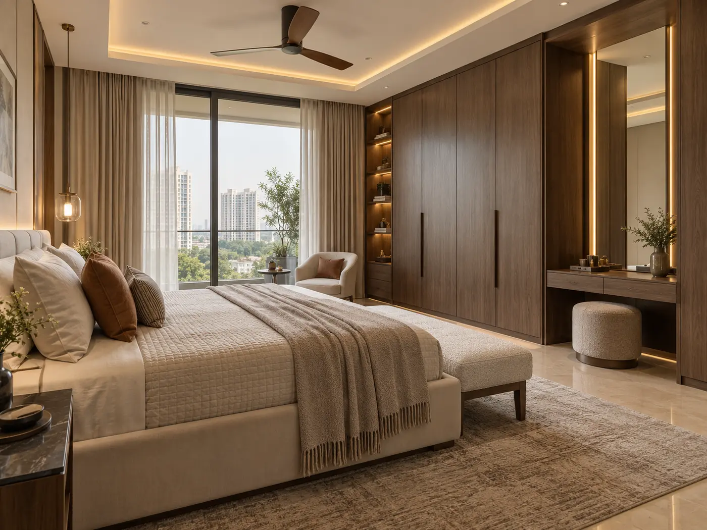 Warm contemporary bedroom with custom walnut wardrobes