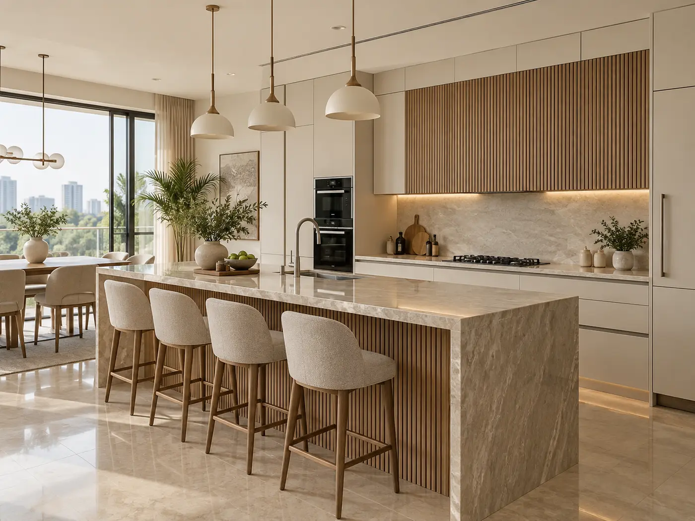 Contemporary modular kitchen with ivory cabinetry and stone island in Gurugram