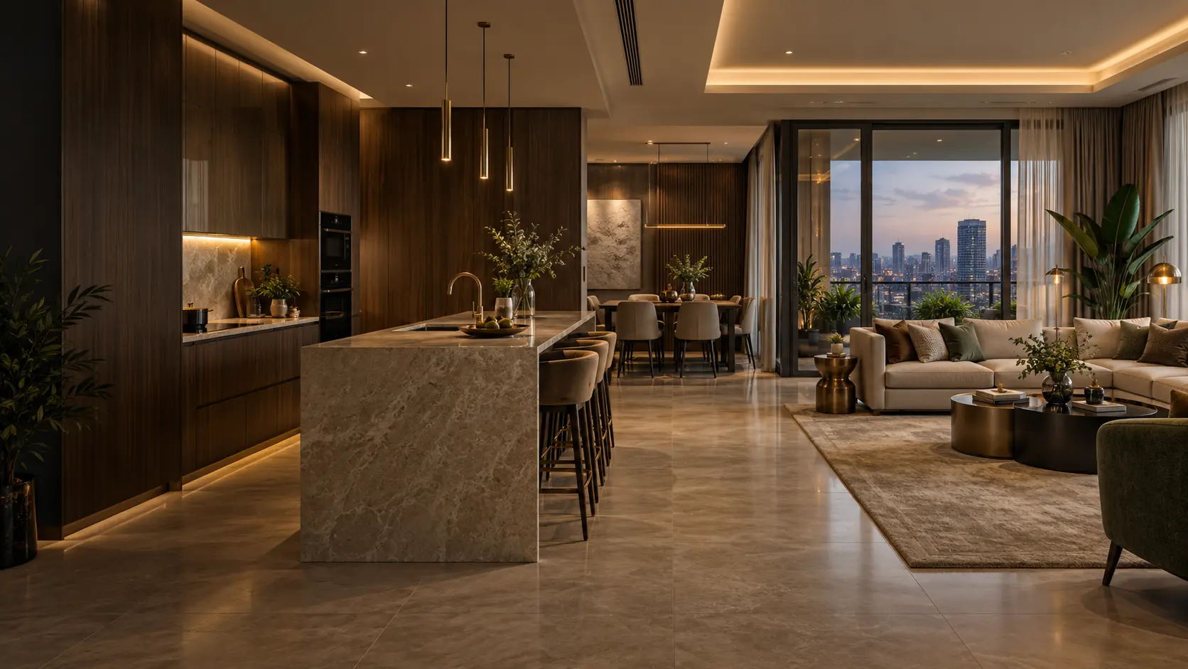 Luxury open plan home interior with modular kitchen and living room